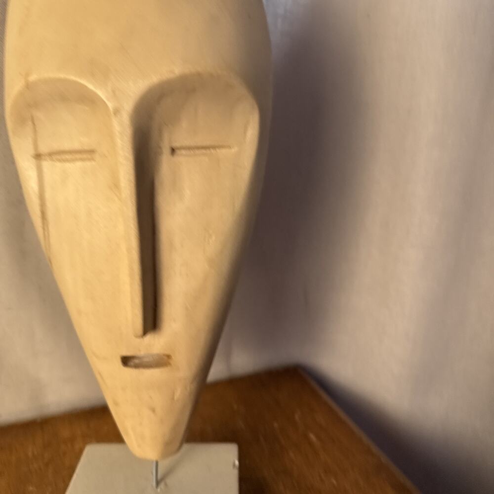 Vtg Hand Carved Wood Mask Head Mask Decor Stone Stand Art Sculpture Statue 14” - Picture 4 of 16